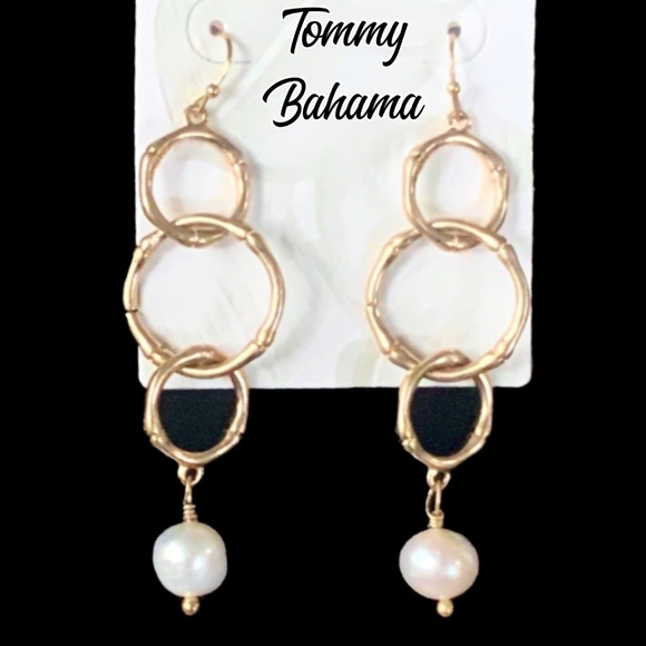 TOMMY BAHAMA EARRINGS NWT Gold BAMBOO LOOP⭐️GENUINE FRESHWATER PEARLS - PIERCED - Picture 2 of 10